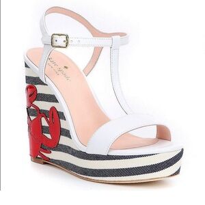 kate spade deacon striped t-strap lobster wedge sandals, women’s 8.5